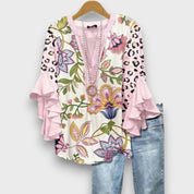 Floral Ruffle Sleeve Blouse - Celeste