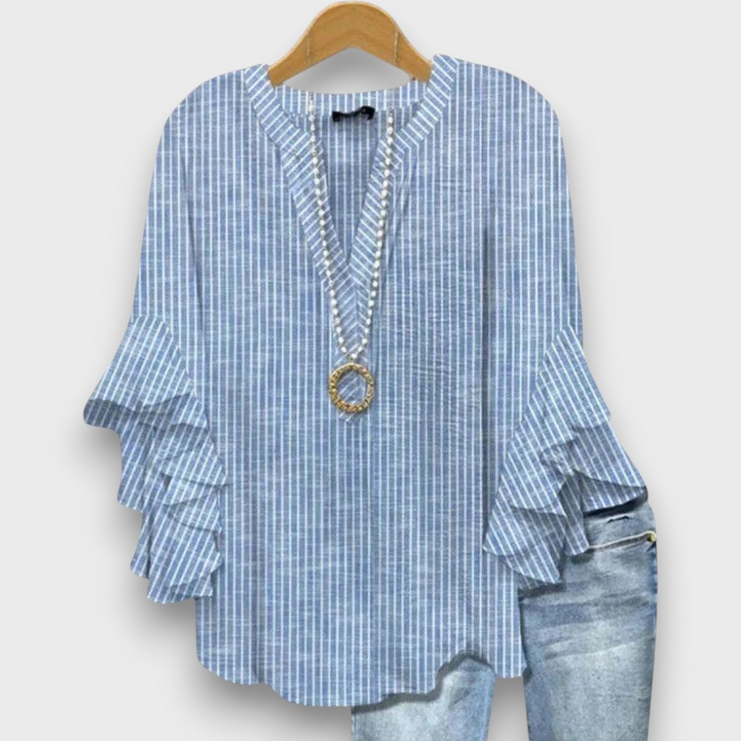 Floral Ruffle Sleeve Blouse - Celeste