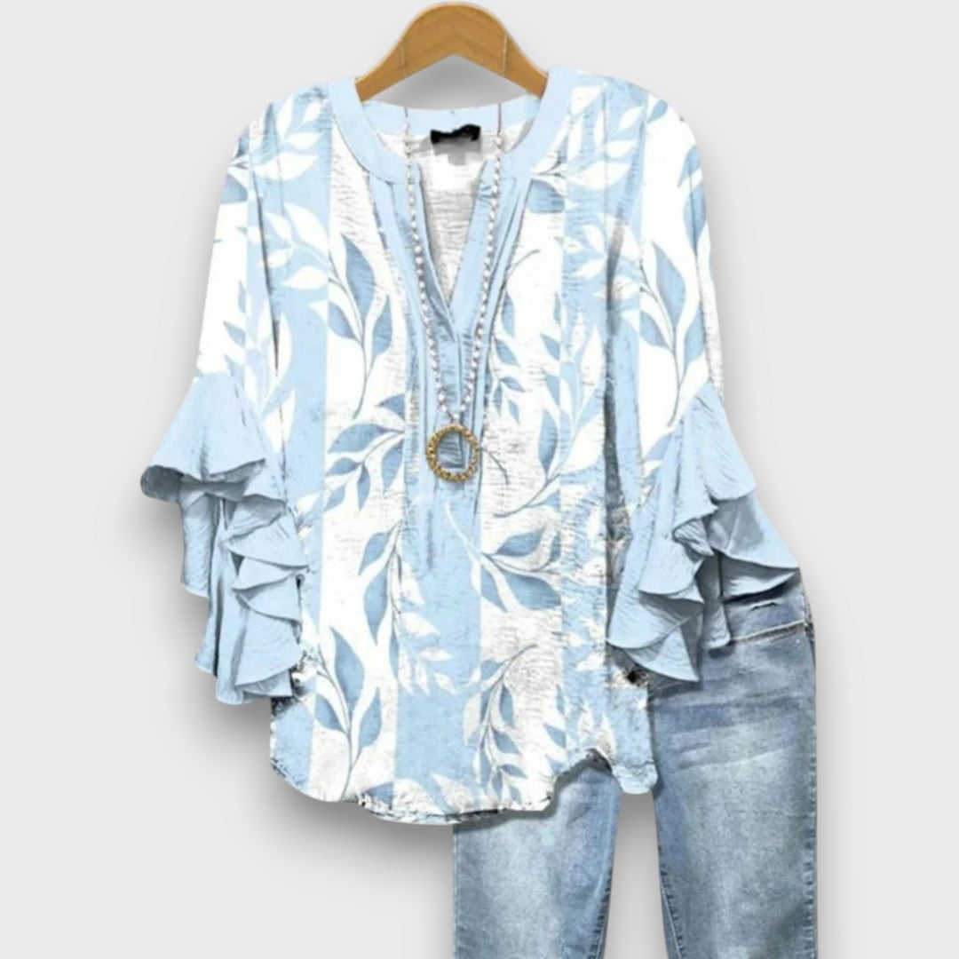 Floral Ruffle Sleeve Blouse - Celeste