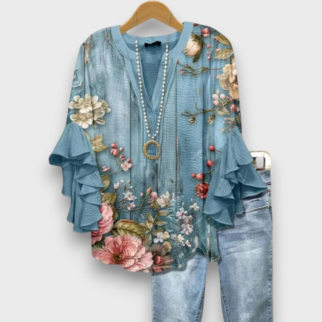 Floral Ruffle Sleeve Blouse - Celeste