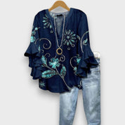 Floral Ruffle Sleeve Blouse - Celeste