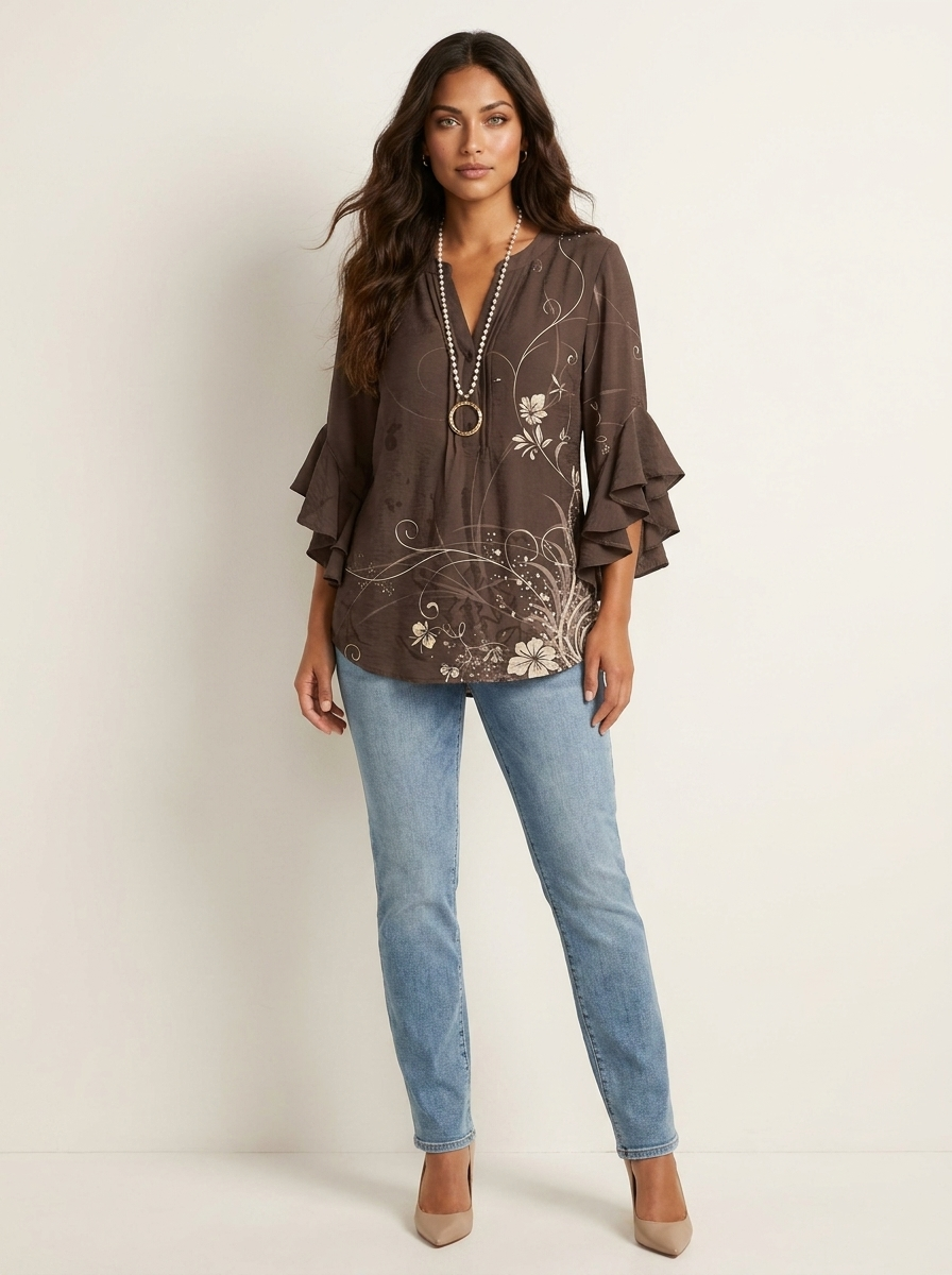 Floral Ruffle Sleeve Blouse - Celeste