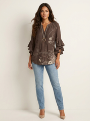 Floral Ruffle Sleeve Blouse - Celeste