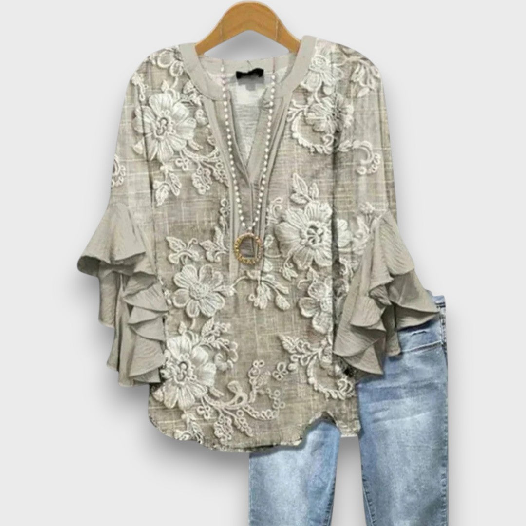 Floral Ruffle Sleeve Blouse - Celeste