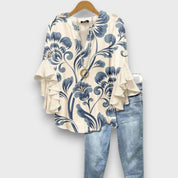 Floral Ruffle Sleeve Blouse - Celeste
