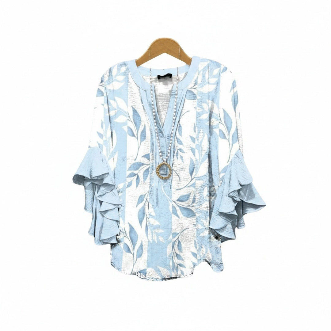 Floral Ruffle Sleeve Blouse - Celeste
