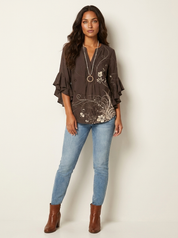 Floral Ruffle Sleeve Blouse - Celeste