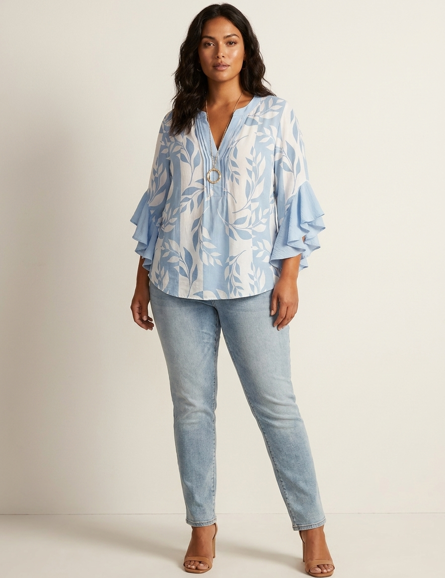 Floral Ruffle Sleeve Blouse - Celeste