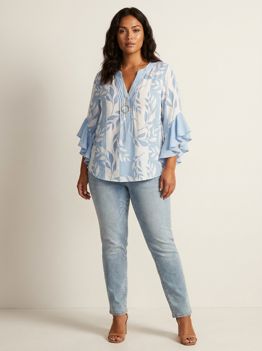 Floral Ruffle Sleeve Blouse - Celeste