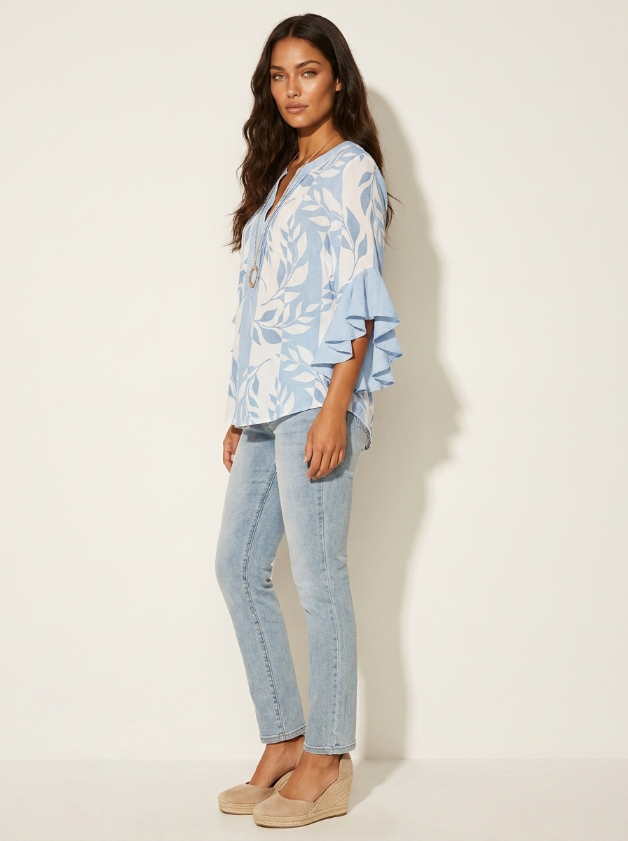 Floral Ruffle Sleeve Blouse - Celeste