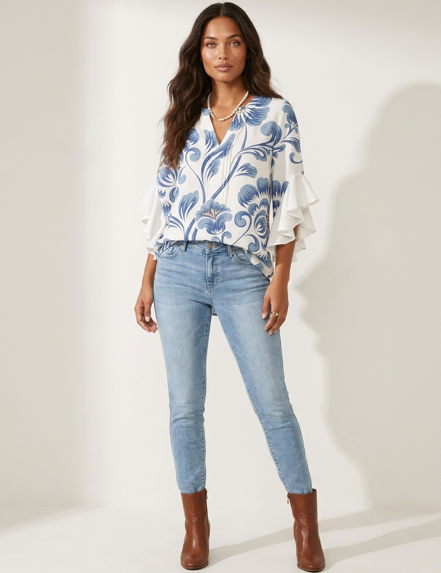 Floral Ruffle Sleeve Blouse - Celeste