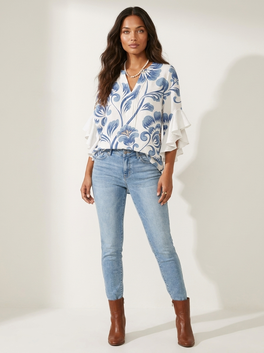Floral Ruffle Sleeve Blouse - Celeste