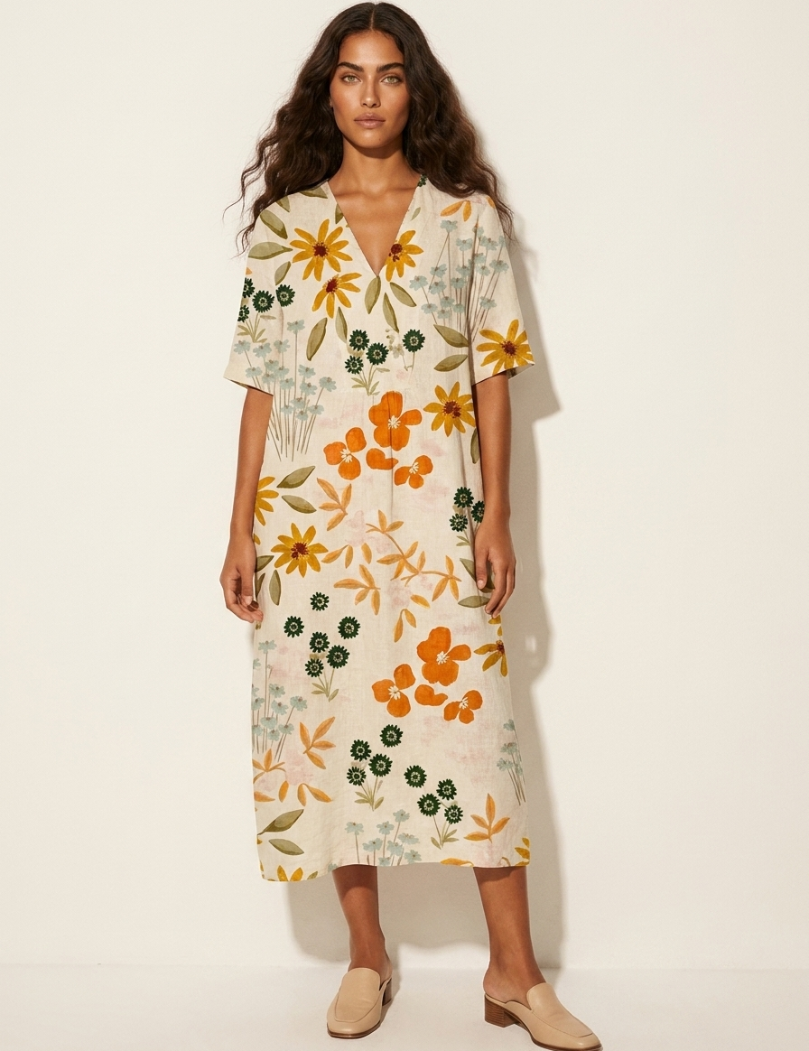 Floral V-Neck Midi Dress - Emilia