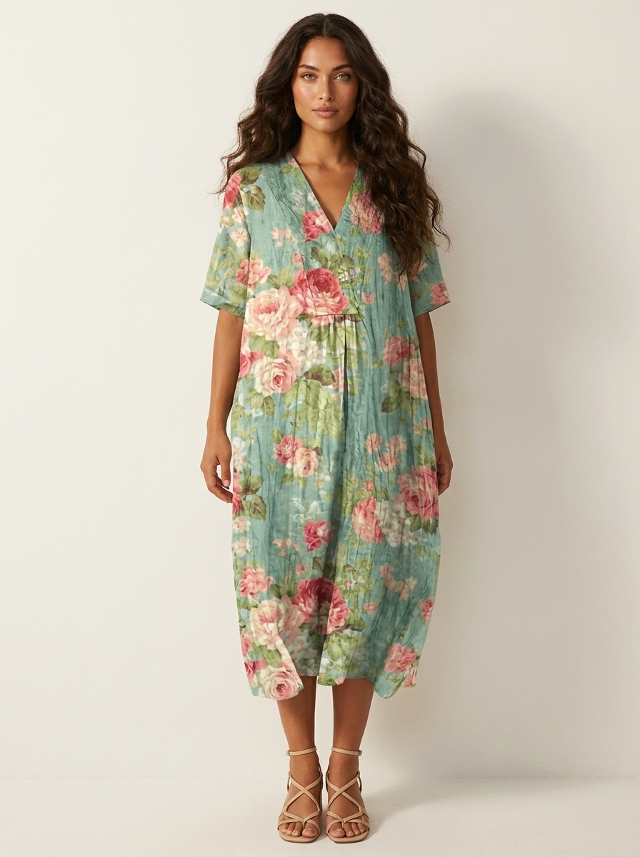 Floral V-Neck Midi Dress - Emilia