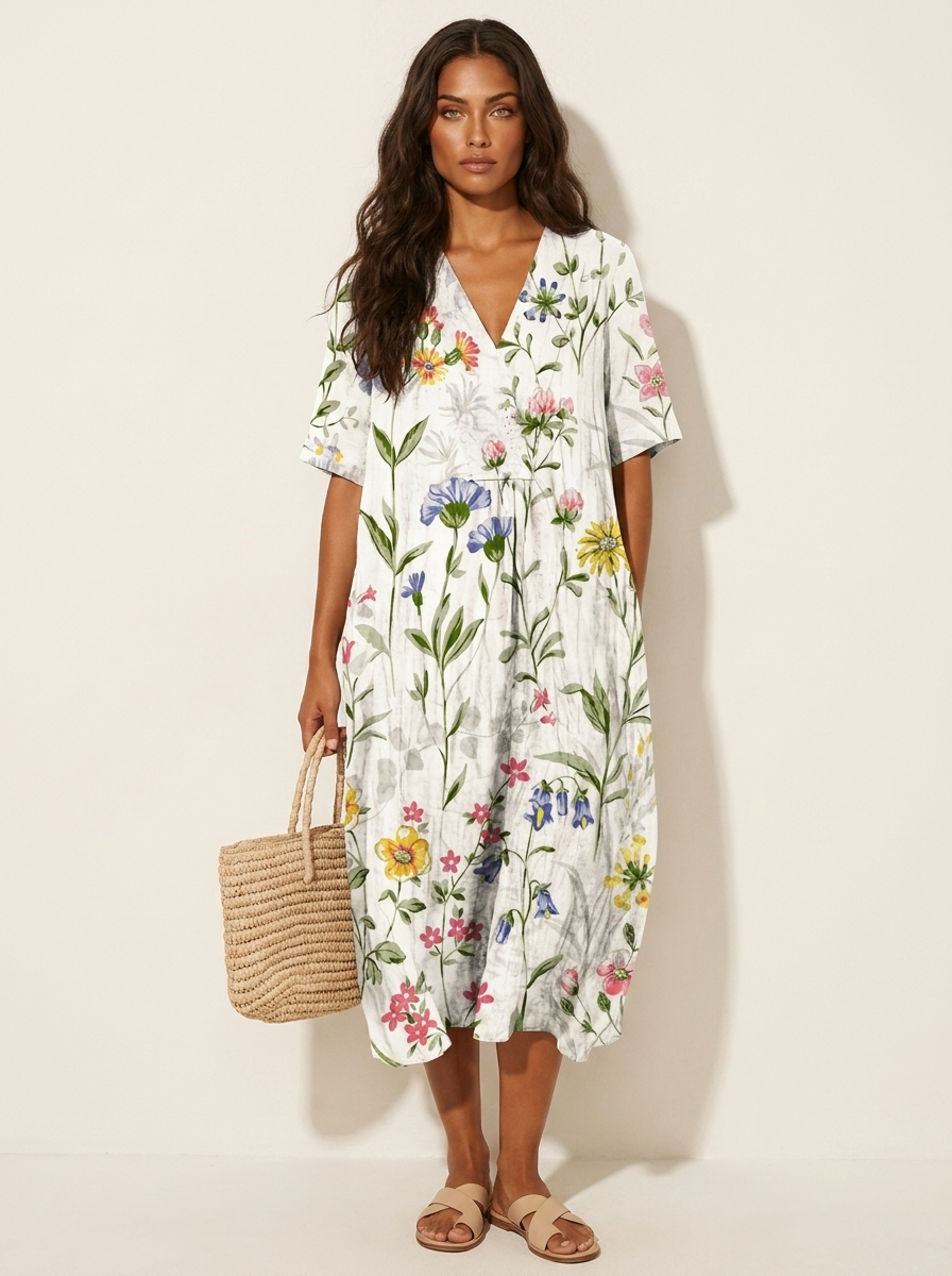Floral V-Neck Midi Dress - Emilia
