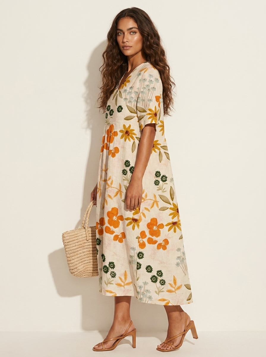 Floral V-Neck Midi Dress - Emilia
