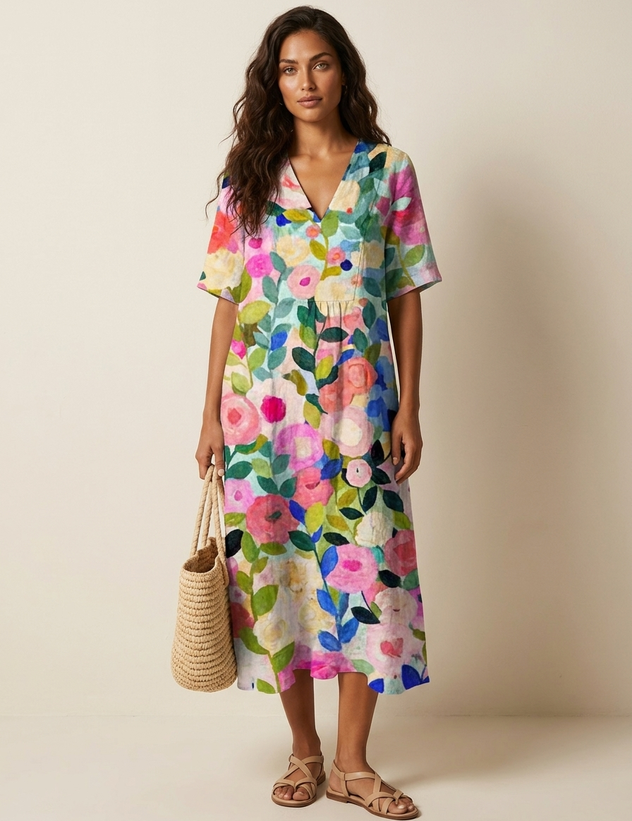 Floral V-Neck Midi Dress - Emilia