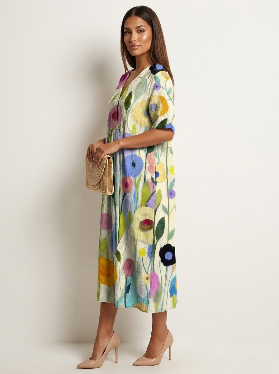 Floral V-Neck Midi Dress - Emilia