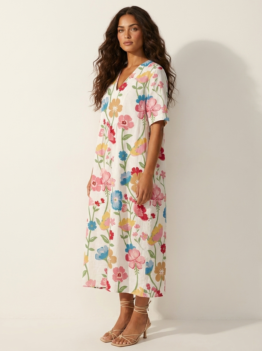 Floral V-Neck Midi Dress - Emilia