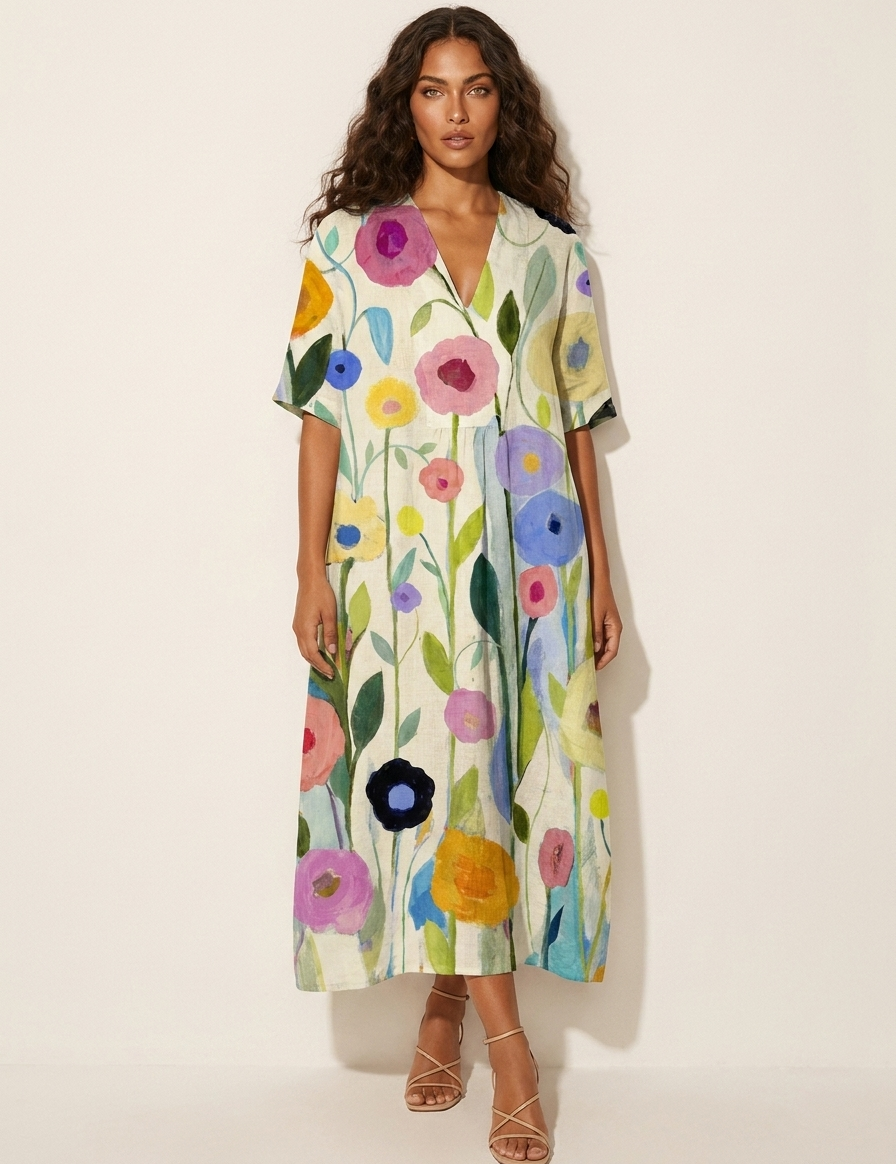 Floral V-Neck Midi Dress - Emilia