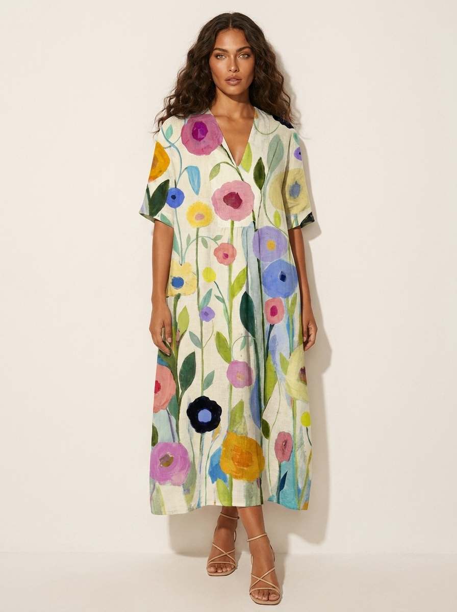 Floral V-Neck Midi Dress - Emilia