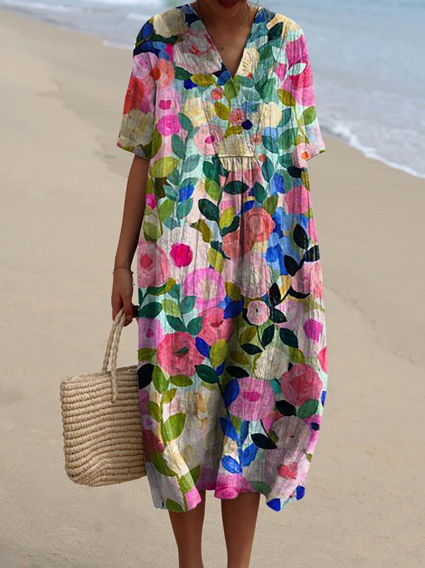 Floral V-Neck Midi Dress - Emilia