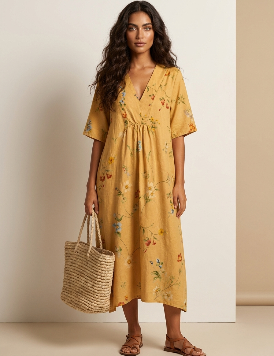Floral V-Neck Midi Dress - Emilia
