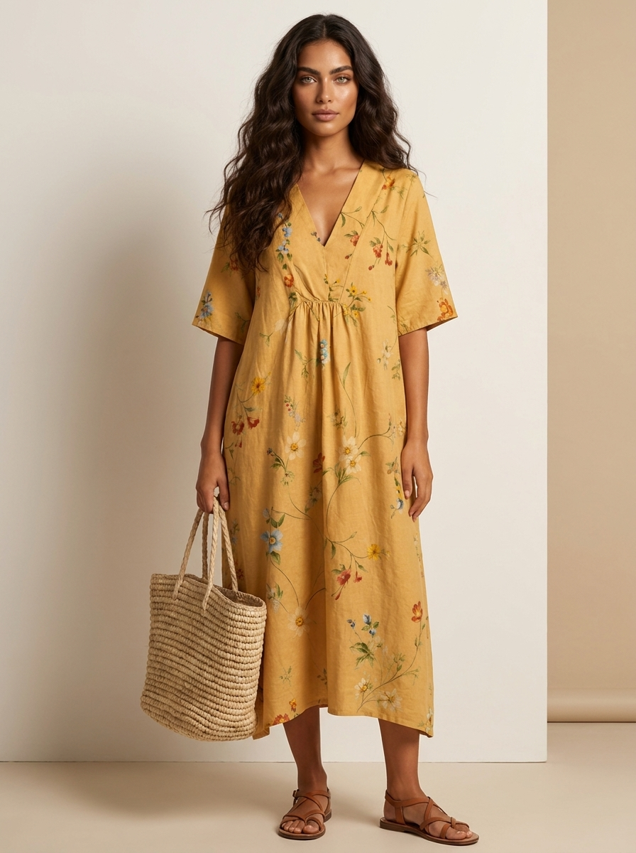 Floral V-Neck Midi Dress - Emilia