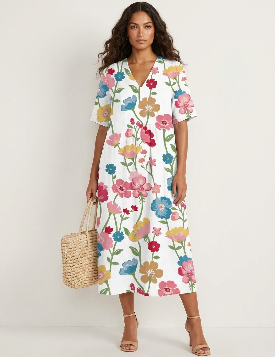 Floral V-Neck Midi Dress - Emilia