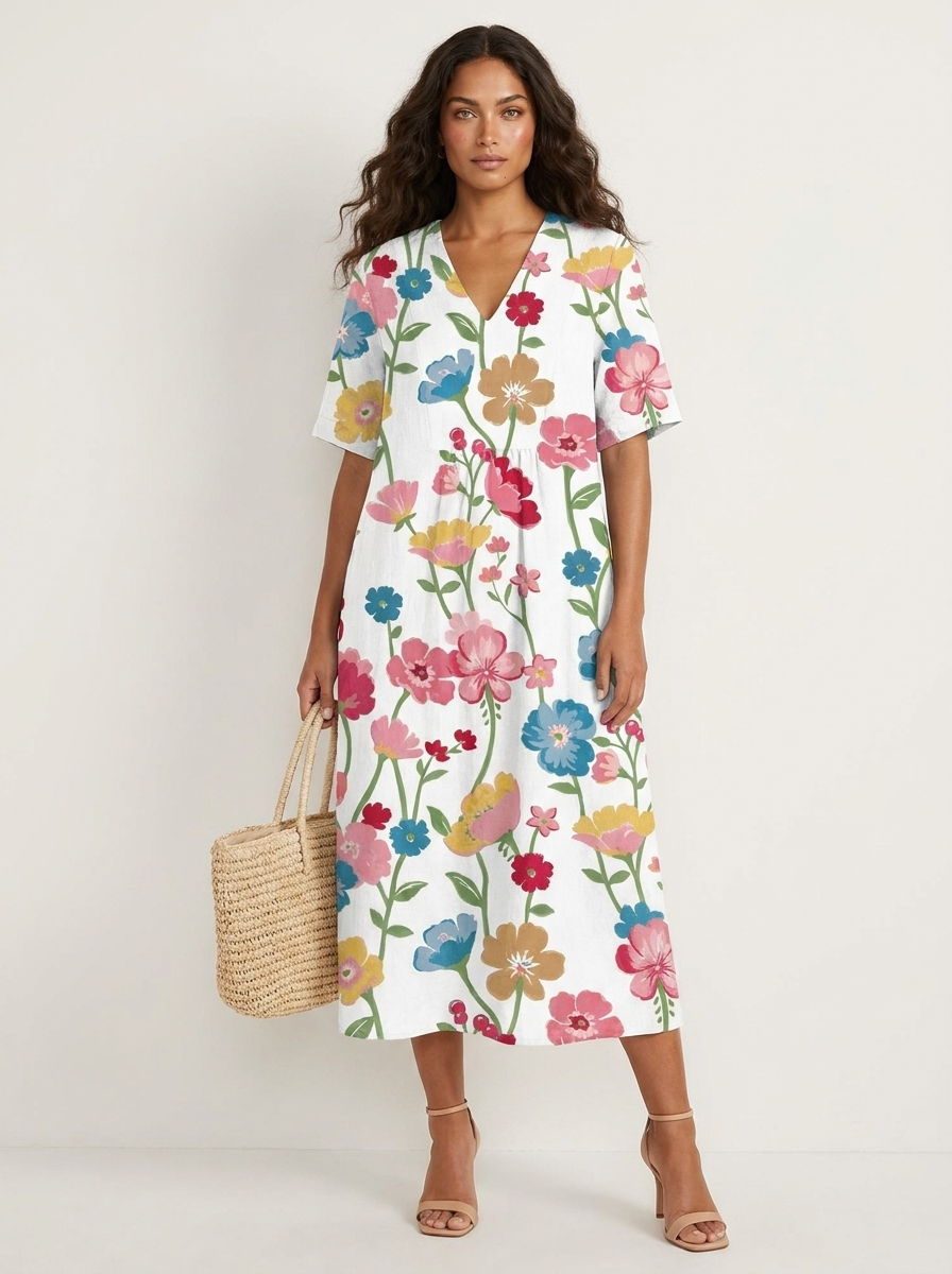 Floral V-Neck Midi Dress - Emilia