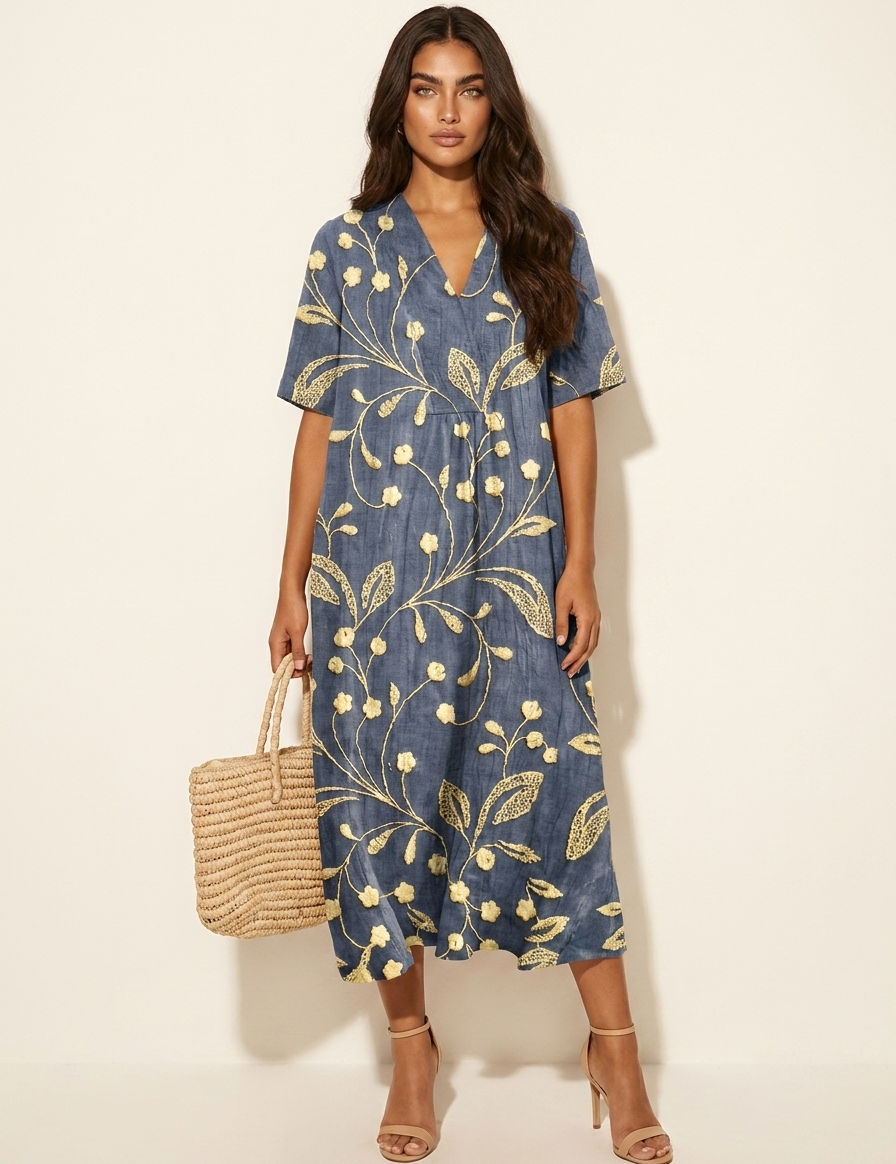 Floral V-Neck Midi Dress - Emilia