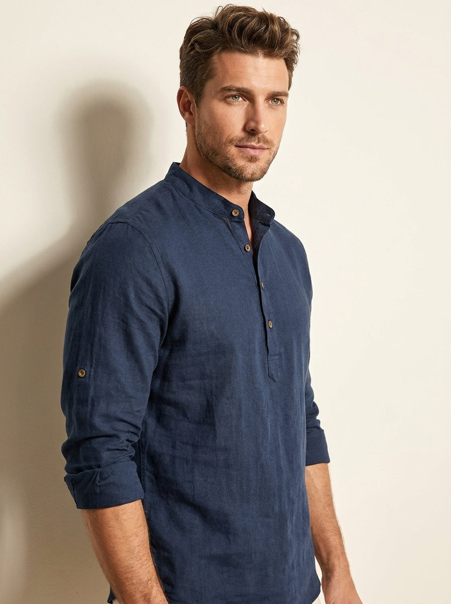 Grandad Collar Linen Shirt - Matteo