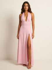 Halter Maxi Dress with Deep V-Neck - Alessia