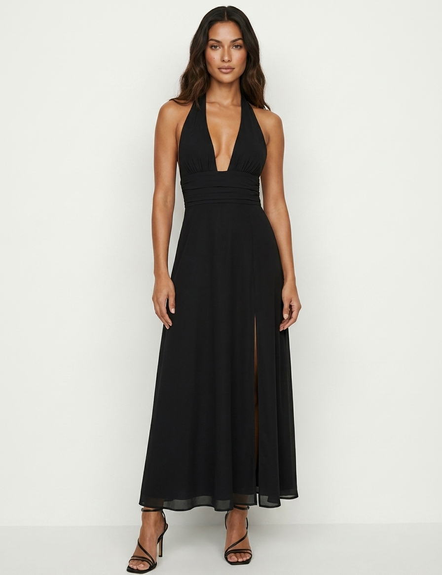 Halter Maxi Dress with Deep V-Neck - Alessia