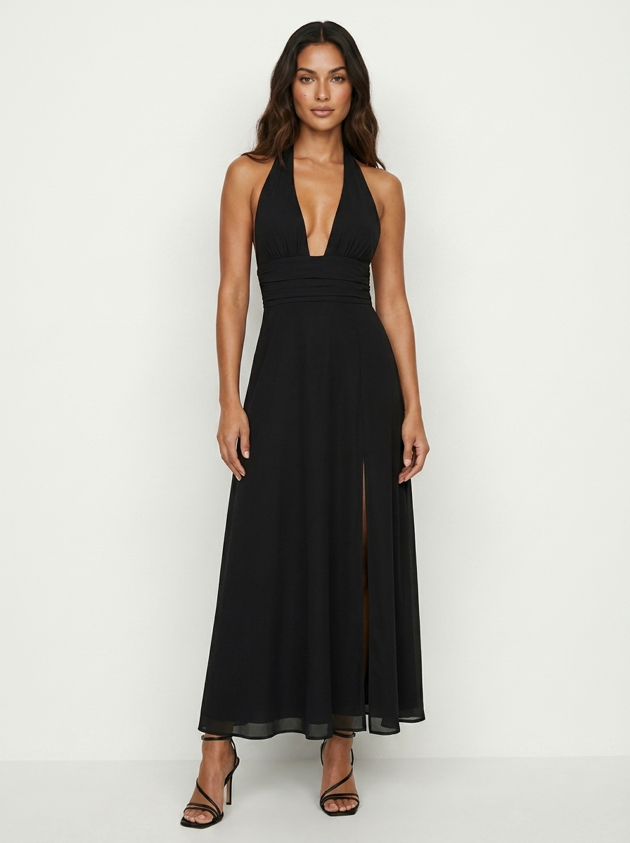 Halter Maxi Dress with Deep V-Neck - Alessia