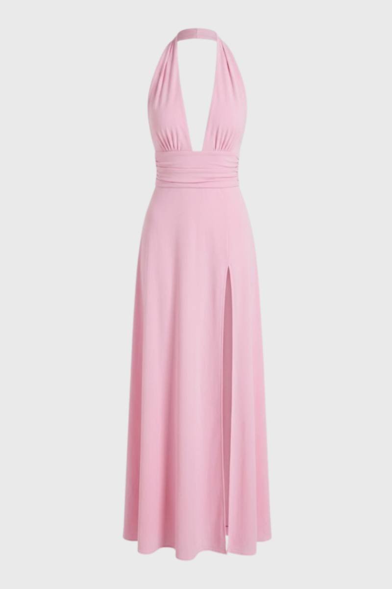 Halter Maxi Dress with Deep V-Neck - Alessia