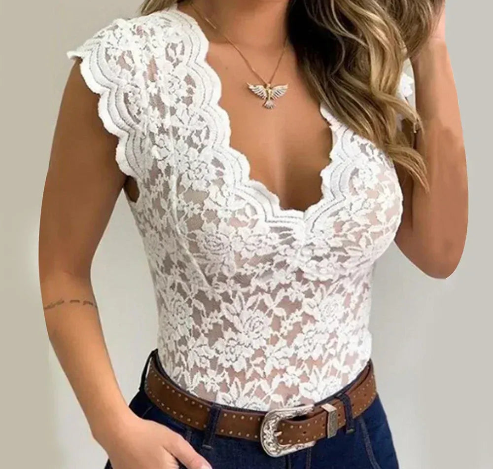 Lace V-Neck Bodysuit Top - Amélie