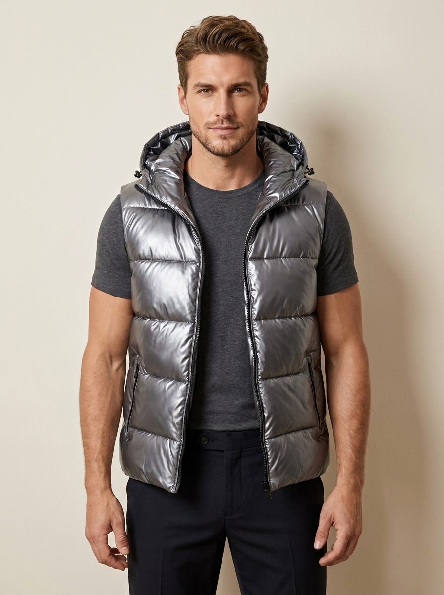 Metallic Hooded Puffer Vest - Logan