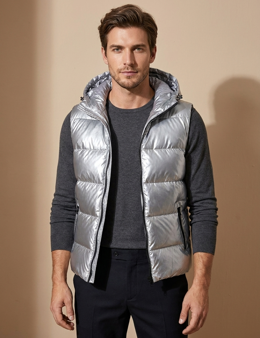Metallic Hooded Puffer Vest - Logan
