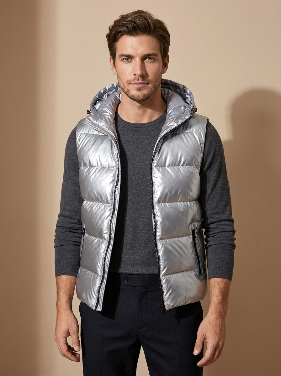 Metallic Hooded Puffer Vest - Logan