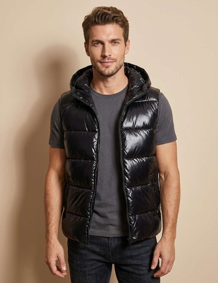 Metallic Hooded Puffer Vest - Logan