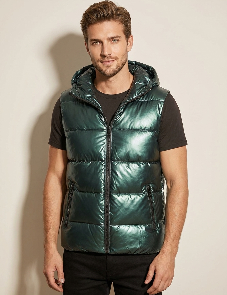 Metallic Hooded Puffer Vest - Logan