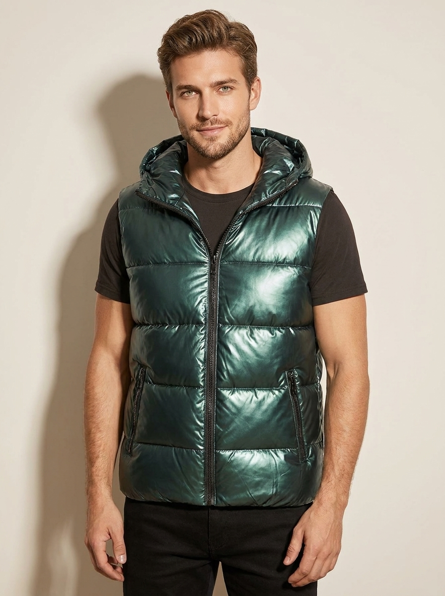 Metallic Hooded Puffer Vest - Logan