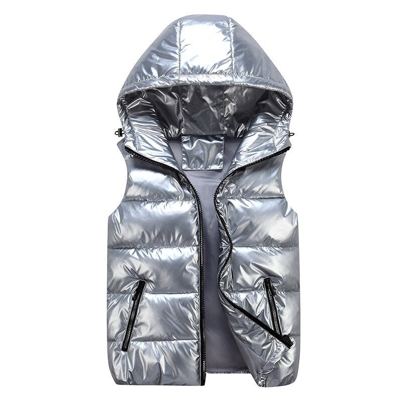 Metallic Hooded Puffer Vest - Logan