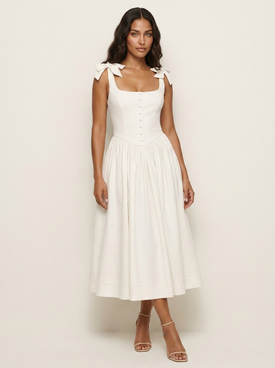 Midi Dress with Bow Shoulder Straps - Isabelle