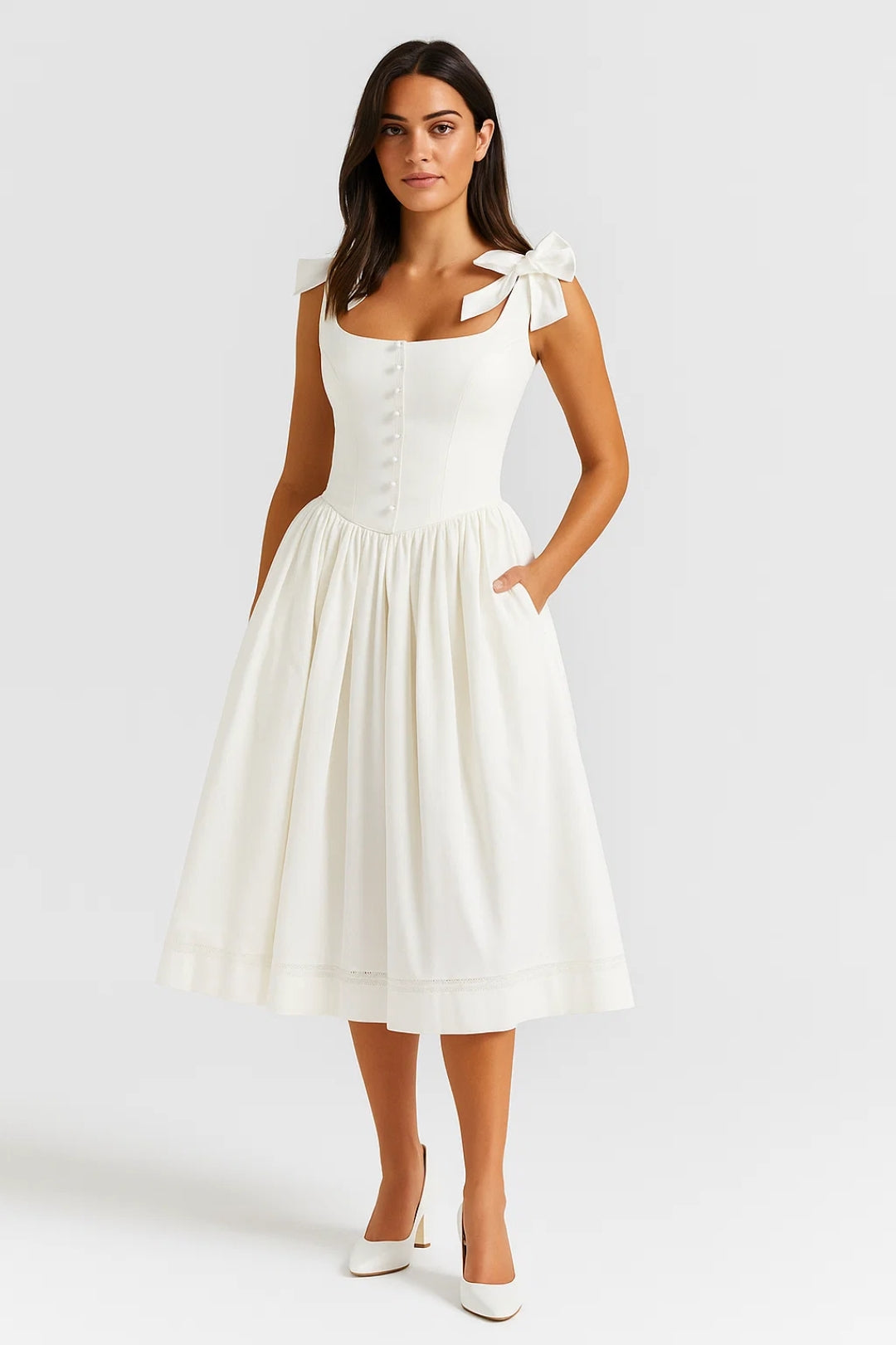 Midi Dress with Bow Shoulder Straps - Isabelle