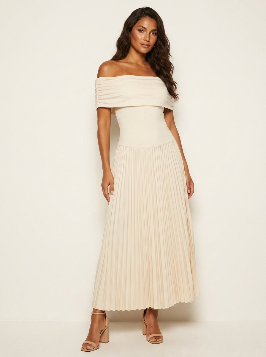 Off-Shoulder Pleated Midi Dress – Celeste