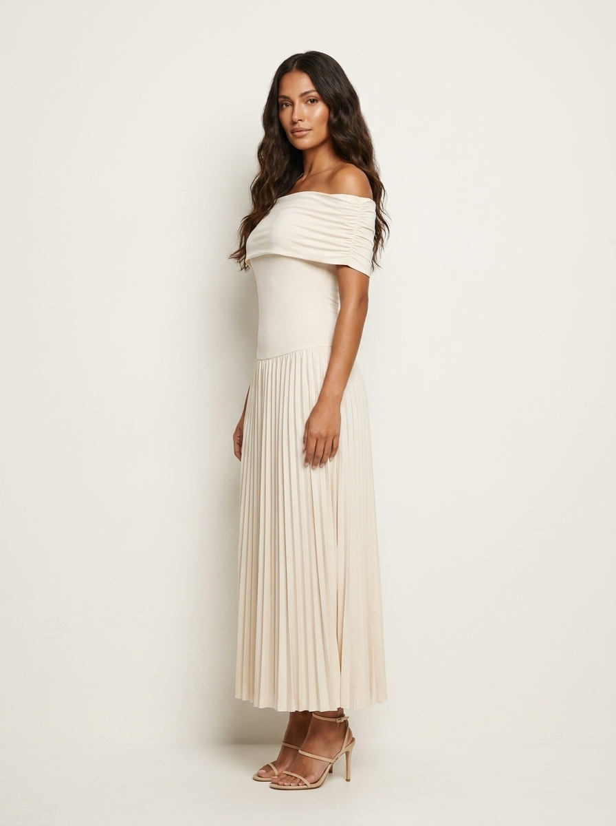Off-Shoulder Pleated Midi Dress – Celeste