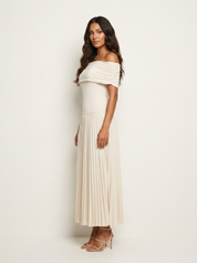 Off-Shoulder Pleated Midi Dress – Celeste