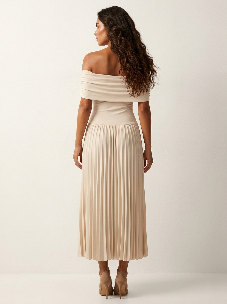 Off-Shoulder Pleated Midi Dress – Celeste